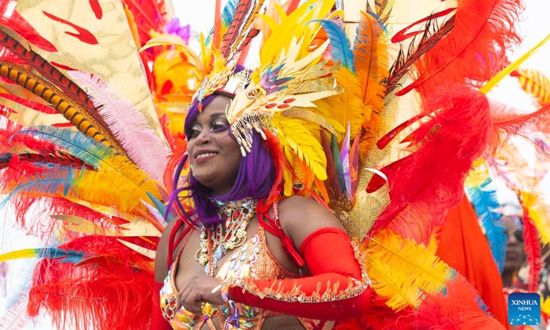 A dressed-up reveler takes part in the Grand Parade of the 2024 Toronto Caribbean Carnival in Toronto, Canada, Aug. 3, 2024. The annual event was held here on Saturday to showcase Caribbean culture. Photo: Xinhua