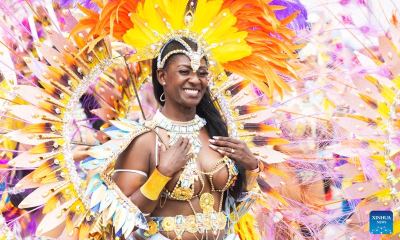 A dressed-up reveler takes part in the Grand Parade of the 2024 Toronto Caribbean Carnival in Toronto, Canada, Aug. 3, 2024. The annual event was held here on Saturday to showcase Caribbean culture. Photo: Xinhua