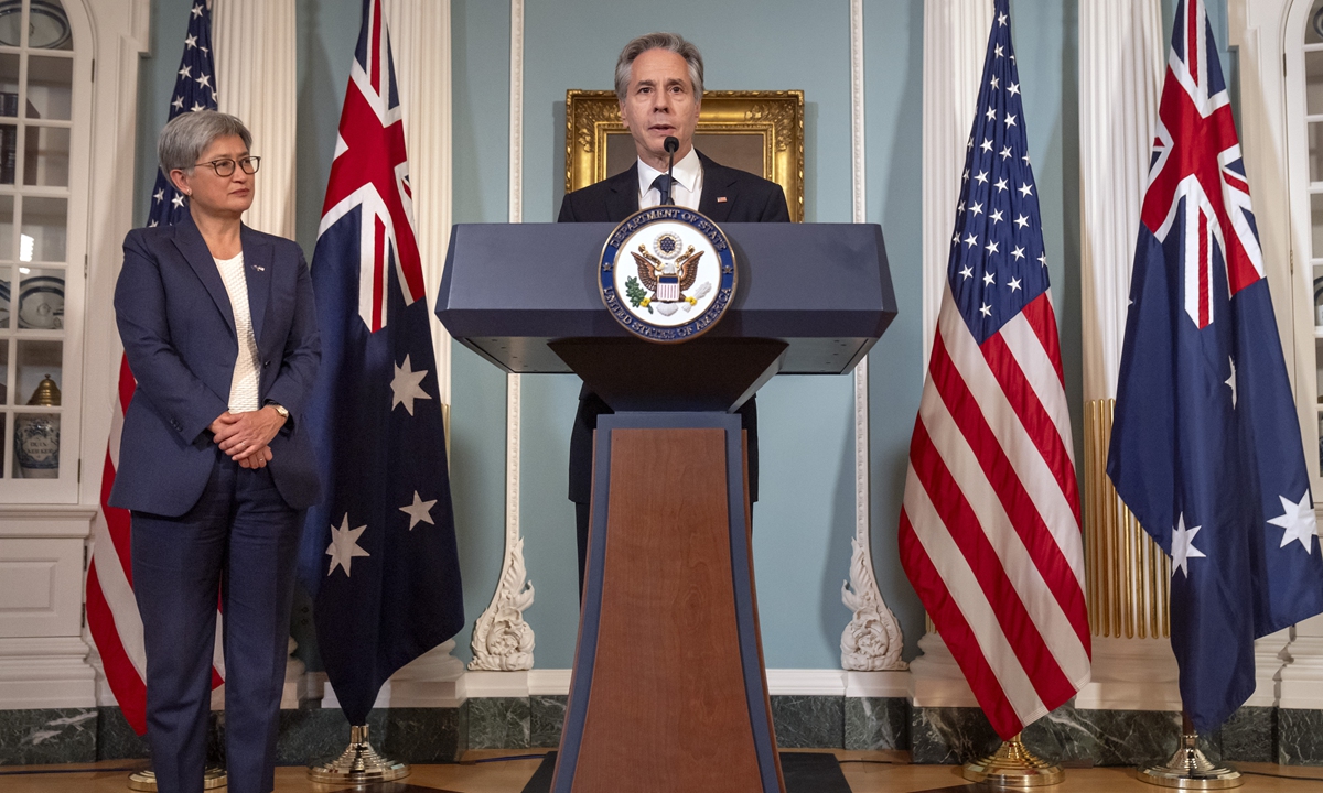 Secretary of State Antony Blinken speaks during a signing ceremony with Australian Foreign Minister Penny Wong, left, at the State Department, Aug. 5, 2024, in Washington. Photo: VCG