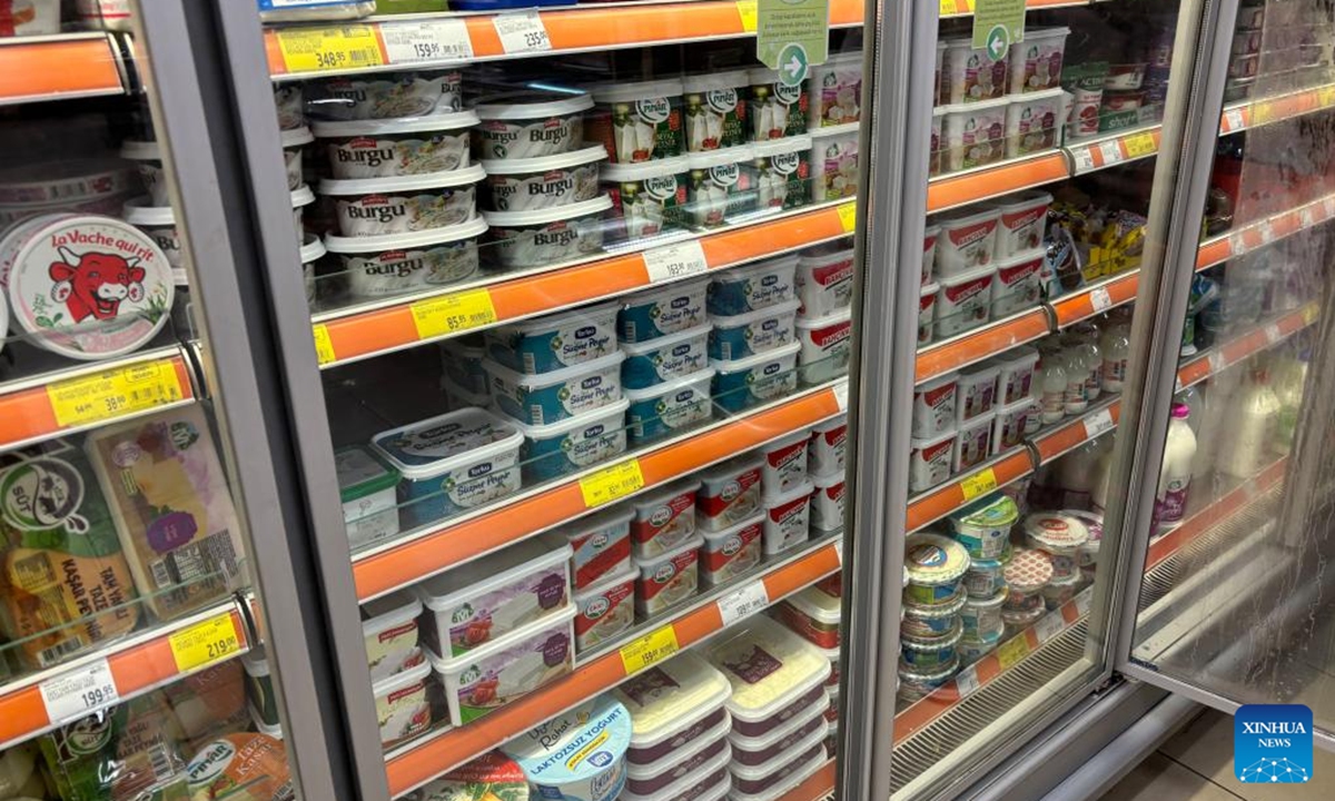 Dairy products are seen on shelves at a supermarket in Ankara, Türkiye, Aug. 5, 2024. Türkiye's annual inflation rate cooled to 61.78 percent in July, marking the second consecutive month of deceleration, official data showed on Monday. (Photo: Xinhua)