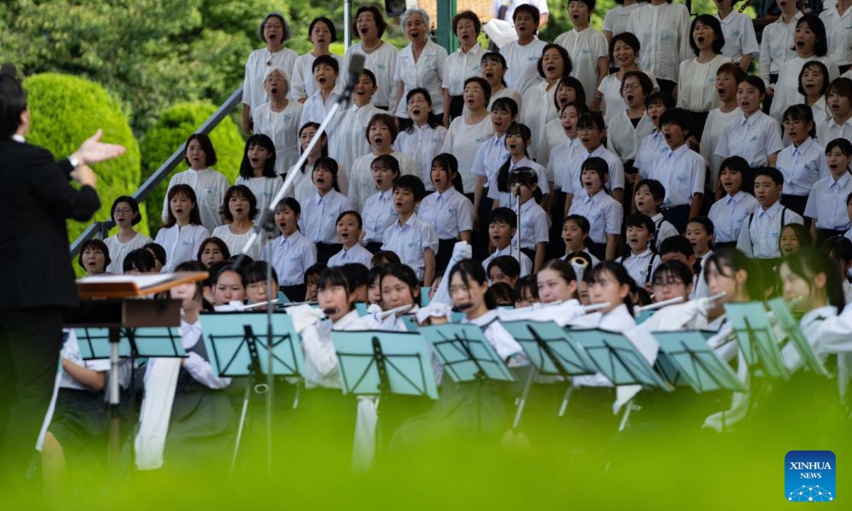 A choir performs during a memorial ceremony on the 79th anniversary of atomic bombing in Hiroshima, Japan, Aug. 6, 2024. As Japan marked the anniversary of atomic bombing on the western city of Hiroshima on Tuesday, people from across the nation gathered to protest the government's accelerated arms build-up, urging it to stick to peace. (Photo: Xinhua)
