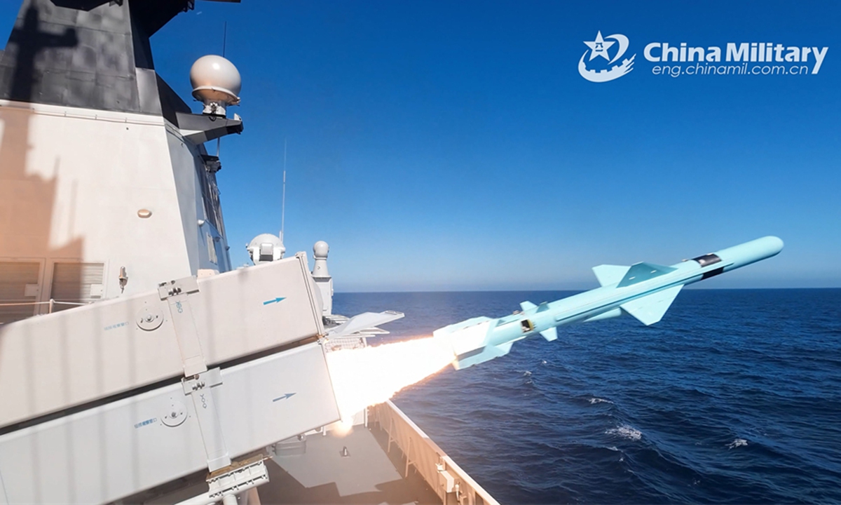 A warship attached to a naval frigate flotilla under the PLA Eastern Theater Command fires missile at mock targets during a multi-subject training exercise on July 4, 2024. (eng.chinamil.com.cn/Photo by Liu Jia)