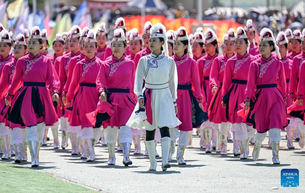 A performance is staged at the opening ceremony of a Nadam fair in Horqin Right Wing Front Banner, Hinggan League, north China's Inner Mongolia Autonomous Region, Aug. 8, 2024. A Nadam fair kicked off here on Thursday. Sport activities and a music festival will be held during the five-day event. (Photo: Xinhua)