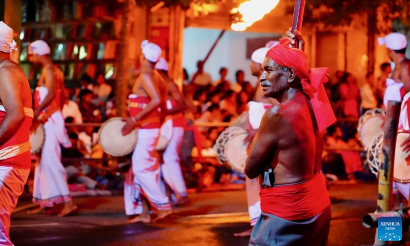 Dancers perform during a procession celebrating the Esala Perahera festival in Kandy, Sri Lanka, Aug. 10, 2024. The Esala Perahera, one of the grandest Buddhist festivals in Sri Lanka, is observed from Aug. 10 to 20 this year. Photo: Xinhua