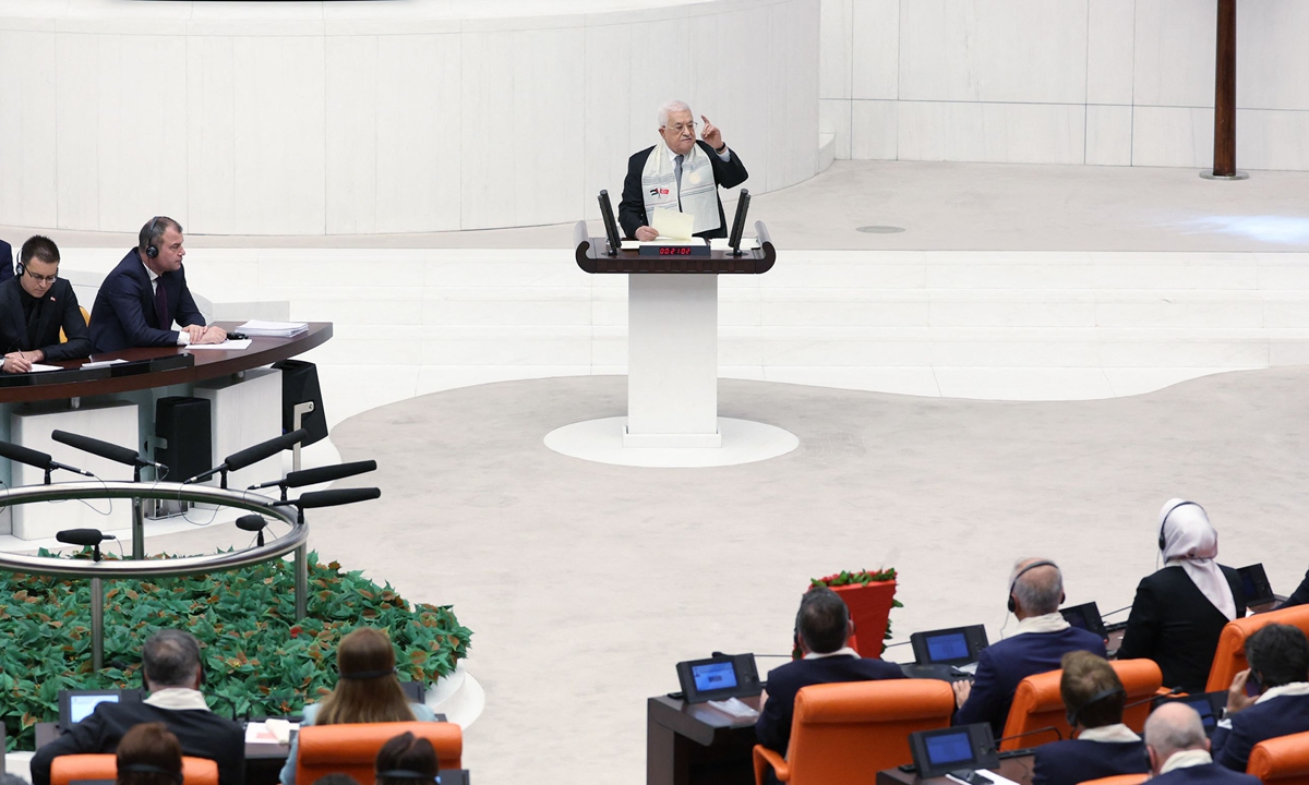 Palestinian President Mahmoud Abbas delivers a speech at the Grand National Assembly of Turkey in Ankara on August 15, 2024. 