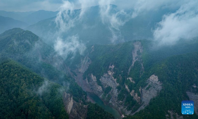 An aerial drone photo taken on Aug. 24, 2024 shows a view of Liupanshan National Forest Park shrouded in clouds in Guyuan City, northwest China's Ningxia Hui Autonomous Region. (Xinhua/Feng Kaihua)