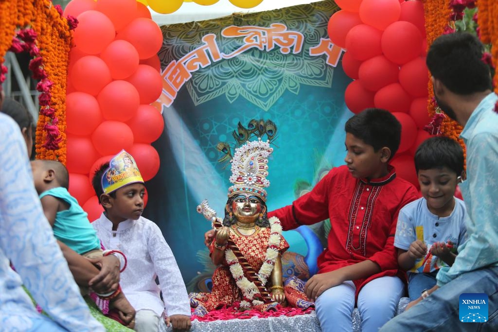 Children attend a celebration during the Krishna Janmashtami festival in Dhaka, Bangladesh, on Aug. 26, 2024. The Hindu community in Bangladesh celebrated Janmashtami, marking the birth anniversary of Hindu God Krishna. (Photo: Xinhua)