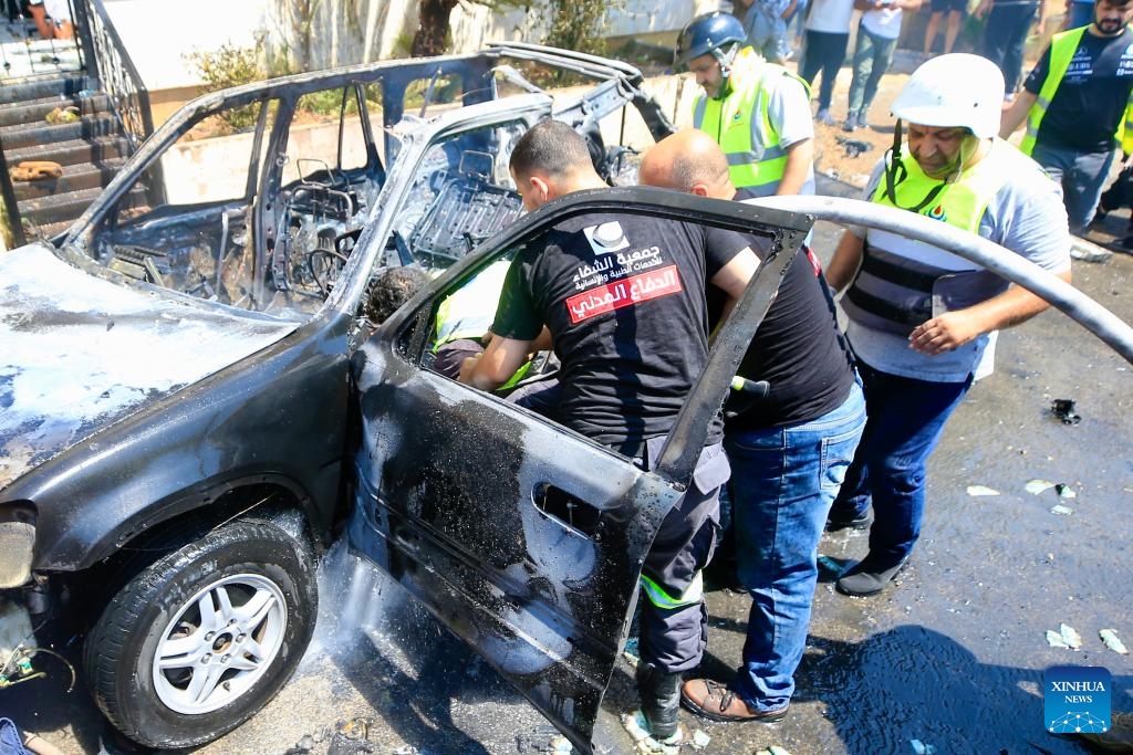 People work at the site of an Israeli airstrike in Sidon, Lebanon, on Aug. 26, 2024. (Photo: Xinhua)