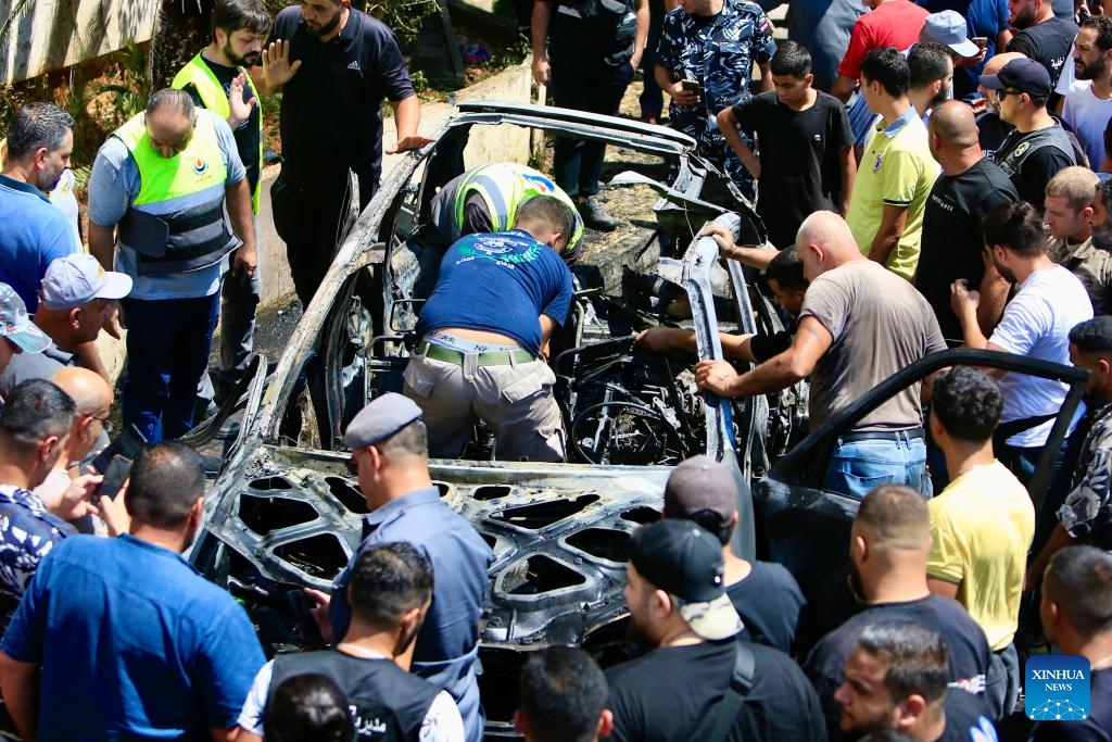 People work at the site of an Israeli airstrike in Sidon, Lebanon, on Aug. 26, 2024. (Photo: Xinhua)