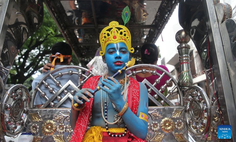 A child dressed as Krishna attends a celebration during the Krishna Janmashtami festival in Dhaka, Bangladesh, on Aug. 26, 2024. The Hindu community in Bangladesh celebrated Janmashtami, marking the birth anniversary of Hindu God Krishna. (Photo: Xinhua)
