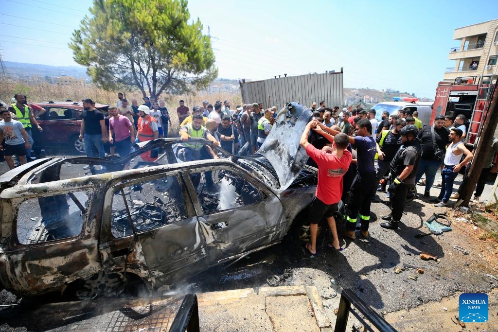 People work at the site of an Israeli airstrike in Sidon, Lebanon, on Aug. 26, 2024. (Photo: Xinhua)