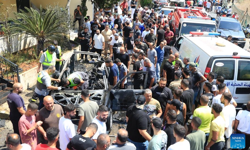 People work at the site of an Israeli airstrike in Sidon, Lebanon, on Aug. 26, 2024. (Photo: Xinhua)