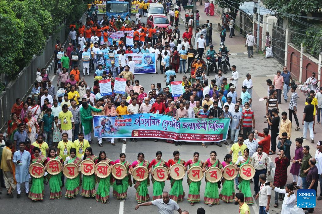 People attend a celebration during the Krishna Janmashtami festival in Dhaka, Bangladesh, on Aug. 26, 2024. The Hindu community in Bangladesh celebrated Janmashtami, marking the birth anniversary of Hindu God Krishna. (Photo: Xinhua)