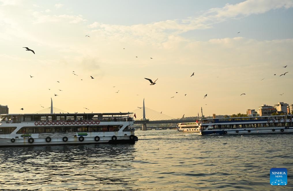 Ships sail in waters near the Golden Horn at sunset in Istanbul, Türkiye, Aug. 29, 2024. The Golden Horn, once an important port for trade fleets of the Ottoman Empire and the Eastern Roman Empire, is a famous local tourist attraction nowadays. (Photo: Xinhua)