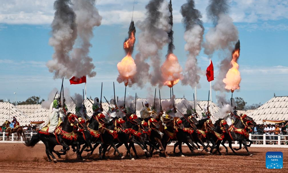 This photo taken on Oct. 5, 2024 shows Tbourida, a Moroccan equestrian performance, at the 15th Horse Show of El Jadida, in El Jadida, Morocco. (Photo: Xinhua)