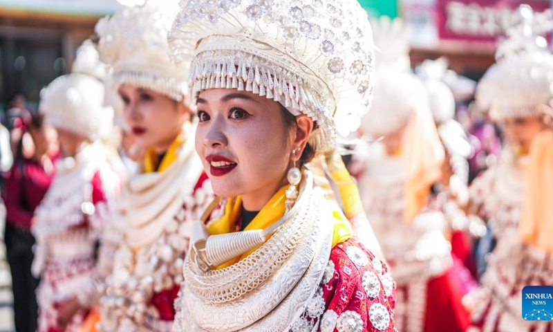 People of Miao ethnic group in traditional costumes take part in a parade to celebrate the Miao New Year at Leishan County of Qiandongnan Miao and Dong Autonomous Prefecture, southwest China's Guizhou Province, Nov. 10, 2024. Miao New Year is a major festival of people of Miao ethnic group. In 2008, the festival was listed as a national-level intangible cultural heritage. (Xinhua/Tao Liang)