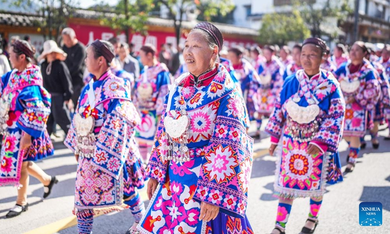 People of Miao ethnic group in traditional costumes take part in a parade to celebrate the Miao New Year at Leishan County of Qiandongnan Miao and Dong Autonomous Prefecture, southwest China's Guizhou Province, Nov. 10, 2024. Miao New Year is a major festival of people of Miao ethnic group. In 2008, the festival was listed as a national-level intangible cultural heritage. (Xinhua/Tao Liang)