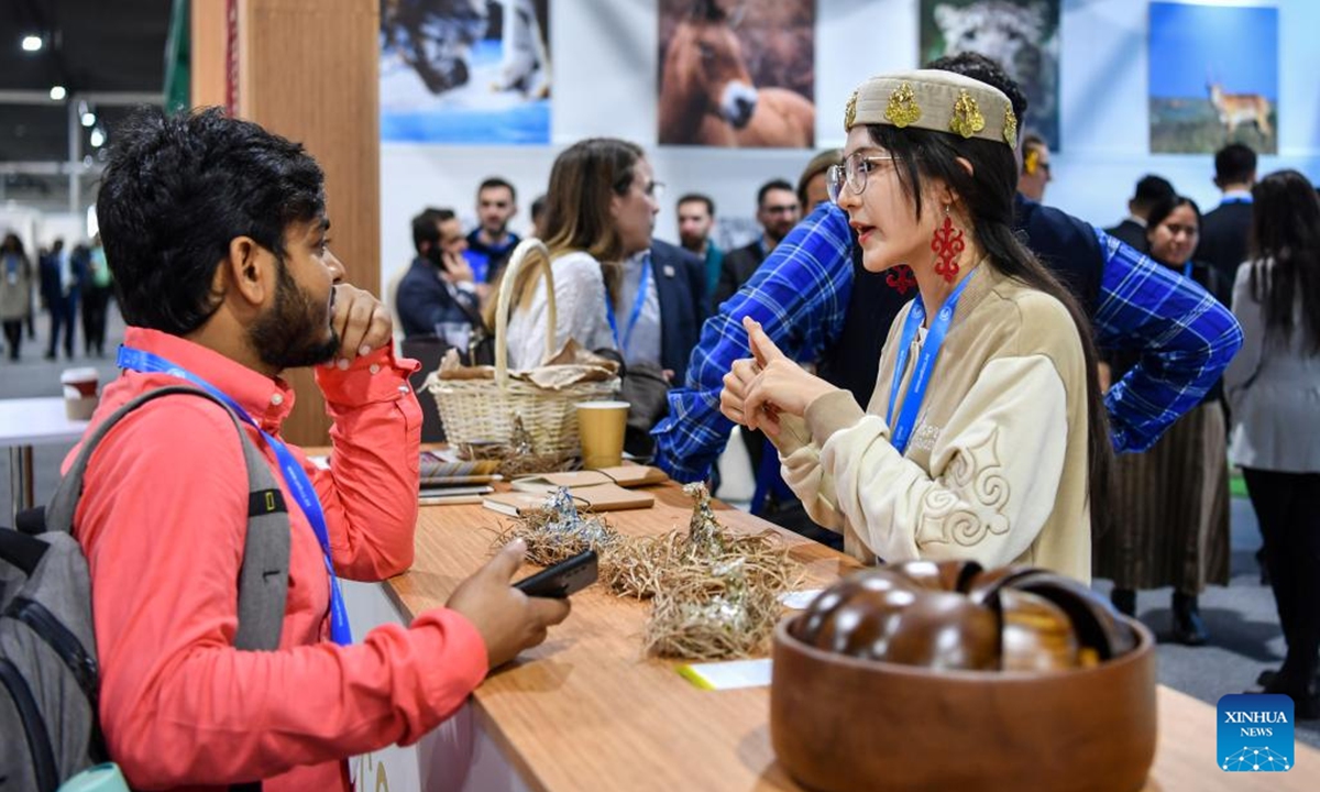 Attendees communicate at an exhibition area of the 29th session of the Conference of the Parties to the United Nations Framework Convention on Climate Change (UNFCCC) in Baku, Azerbaijan, Nov. 11, 2024. (Photo: Xinhua)
