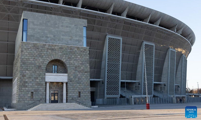 This photo taken on Nov. 30, 2024 shows exterior of Puskas Arena, where the newly opened Puskas Museum is located in Budapest, Hungary. The Puskas Museum, named after the former Hungarian football player Ferenc Puskas, was opened in Budapest on Nov. 15, 2024. (Photo: Xinhua)