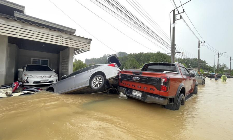 Cars soaked in flood water are seen in Yala Province, Thailand, Dec. 3, 2024. Photo: Xinhua