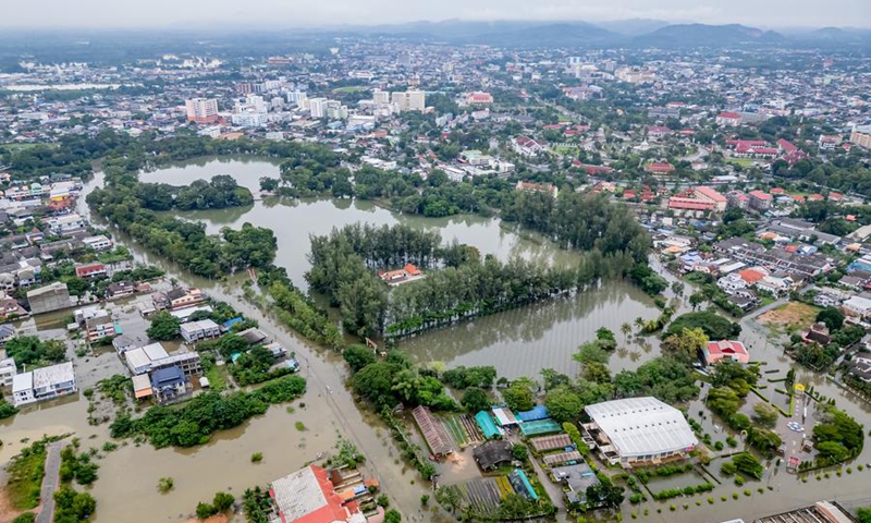 An aerial drone photo taken on Nov. 30, 2024 shows a flood-affected area in Yala Province, Thailand. Photo: Xinhua