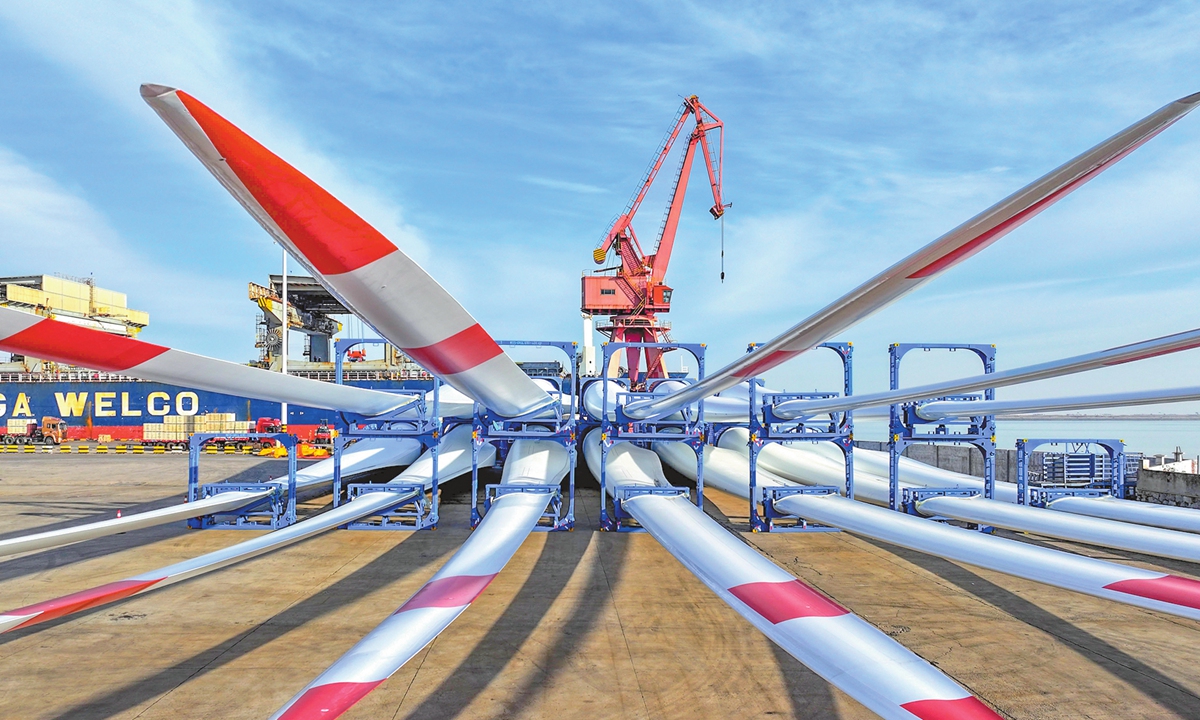 The wind power equipment is ready for export at a port in Lianyungang, East China's Jiangsu Province on December 9, 2024.  China's green power industry is becoming a new driving force for China's high-quality development through technological upgrades. Photo: cnsphoto