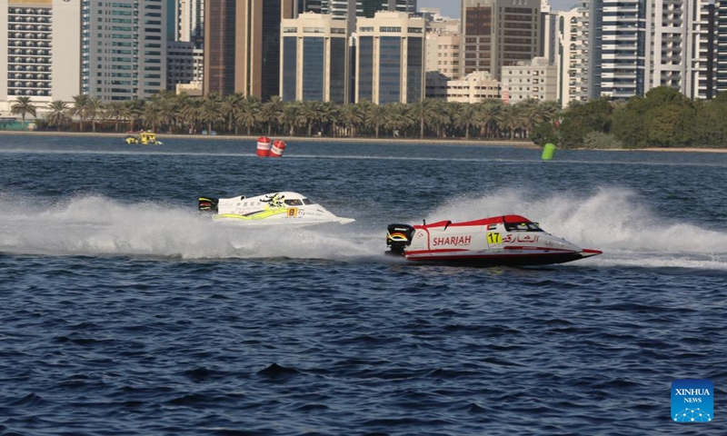 China CTIC Team's American driver Brent Dillard (L) competes with Sharjah Team's Canadian driver Rusty Wyatt during the Grand Prix of Sharjah at the U.I.M. World Championship in Sharjah, the United Arab Emirates (UAE), on Dec. 8, 2024. Photo: Xinhua