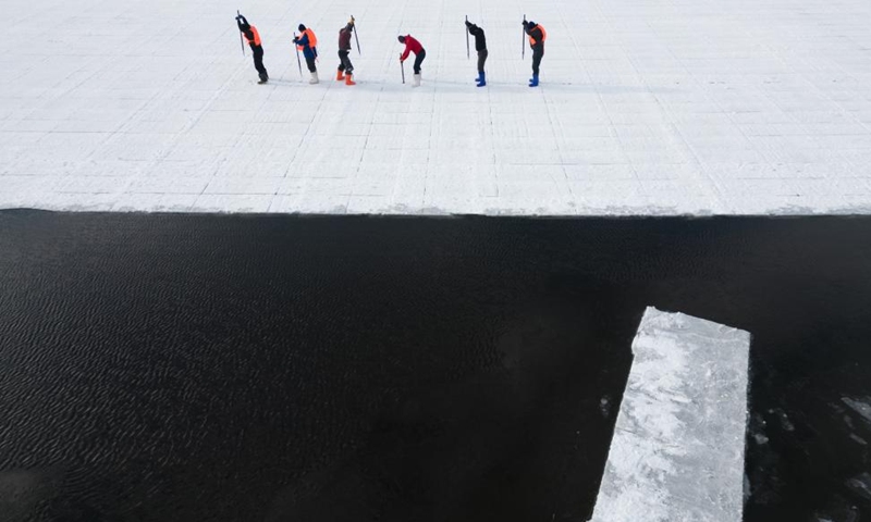 An aerial drone photo taken on Dec. 9, 2024 shows workers collecting ice from the Songhua River in Harbin, capital of northeast China's Heilongjiang Province. (Photo: Xinhua)