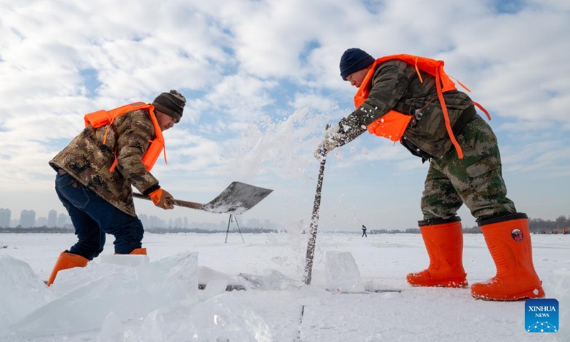 Workers collect ice from the Songhua River in Harbin, capital of northeast China's Heilongjiang Province, Dec. 9, 2024. (Photo: Xinhua)