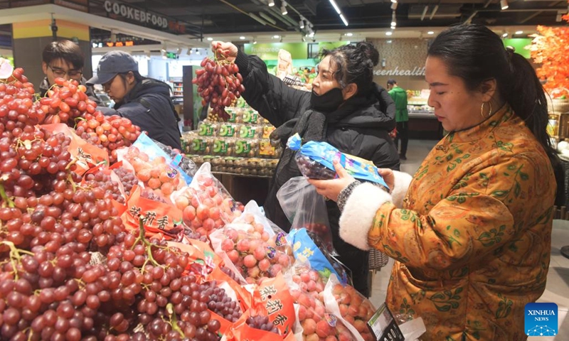 Customers select fruits at a supermarket in Shijiazhuang, north China's Hebei Province, Dec. 9, 2024. China's consumer price index (CPI), a main gauge of inflation, was up 0.2 percent year on year in November, the National Bureau of Statistics said Monday. (Photo: Xinhua)