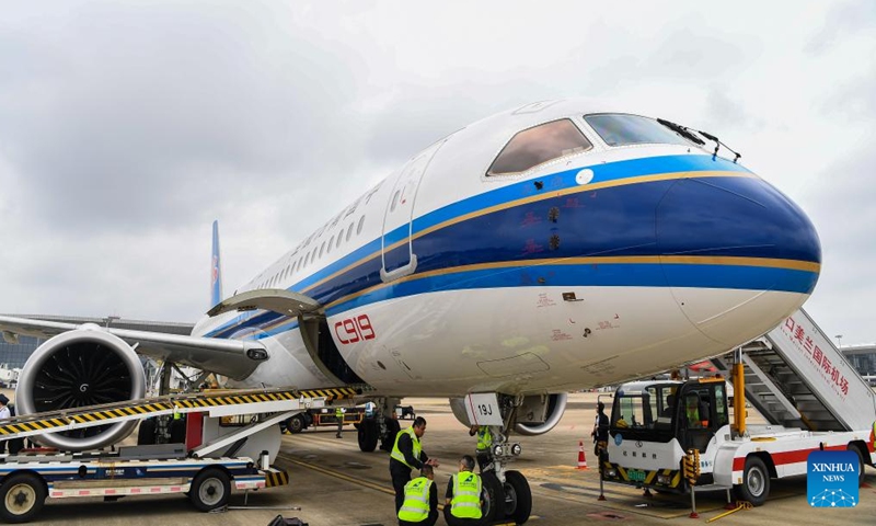 The C919 aircraft is parked on the tarmac of Haikou Meilan International Airport in Haikou, south China's Hainan Province, on Dec. 11, 2024. (Photo: Xinhua)