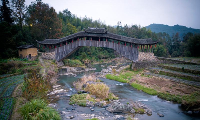 A drone photo shows the Wenxing Bridge in Taishun County of Wenzhou City, east China's Zhejiang Province, Dec. 12, 2024.(Photo: Xinhua)