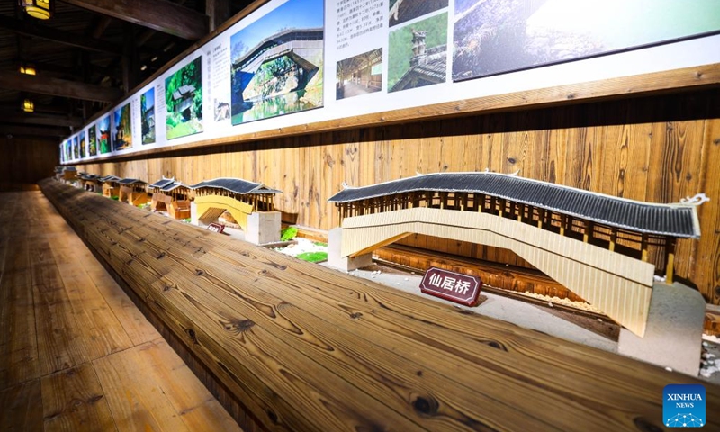 Models of roofed arch bridges are displayed at an exhibition hall in Taishun County of Wenzhou City, east China's Zhejiang Province, Dec. 11, 2024. (Photo: Xinhua)
