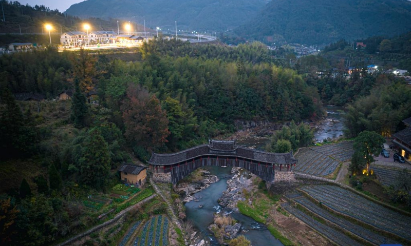 An aerial drone photo shows the Wenxing Bridge in Taishun County of Wenzhou City, east China's Zhejiang Province, Dec. 12, 2024. (Photo: Xinhua)