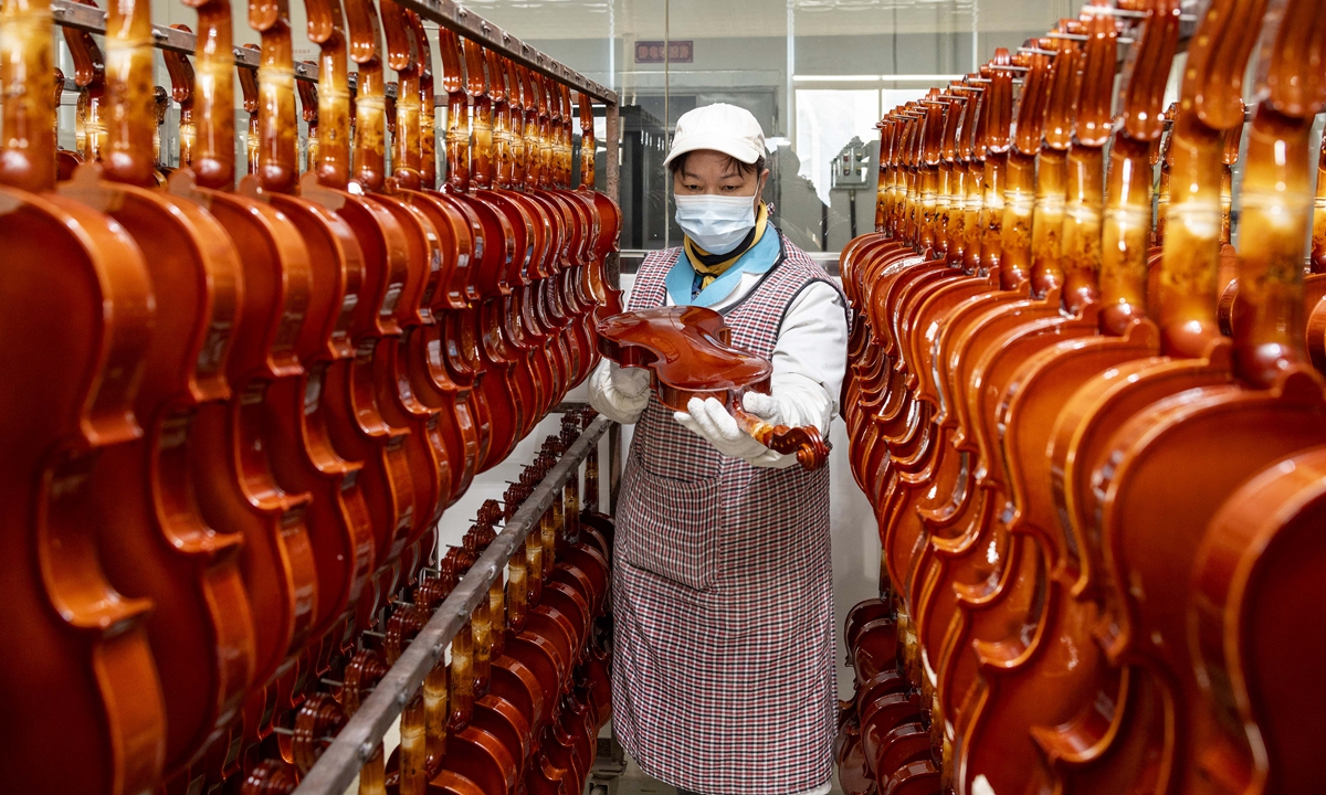 A worker makes violins in Huangqiao town, East China's Jiangsu Province on December 19, 2024. The town has more than 200 violin production and supporting enterprises, with an annual production of more than 1 million, accounting for over 30 percent of the world's total output. Photo: VCG