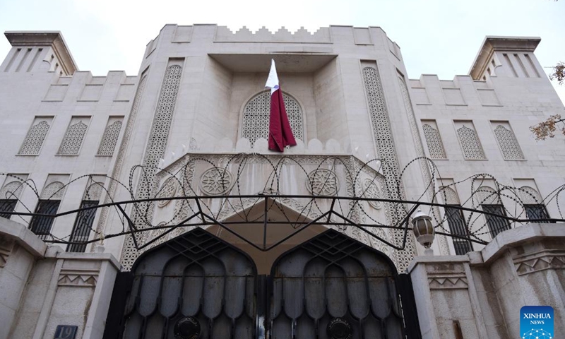 Qatari flag is seen hoisted at the Qatari embassy in Damascus, Syria, Dec. 21, 2024. Qatar officially reopened its embassy in the Syrian capital Damascus on Saturday, raising its national flag over the building for the first time in 13 years. (Photo by Monsef Memari/Xinhua)