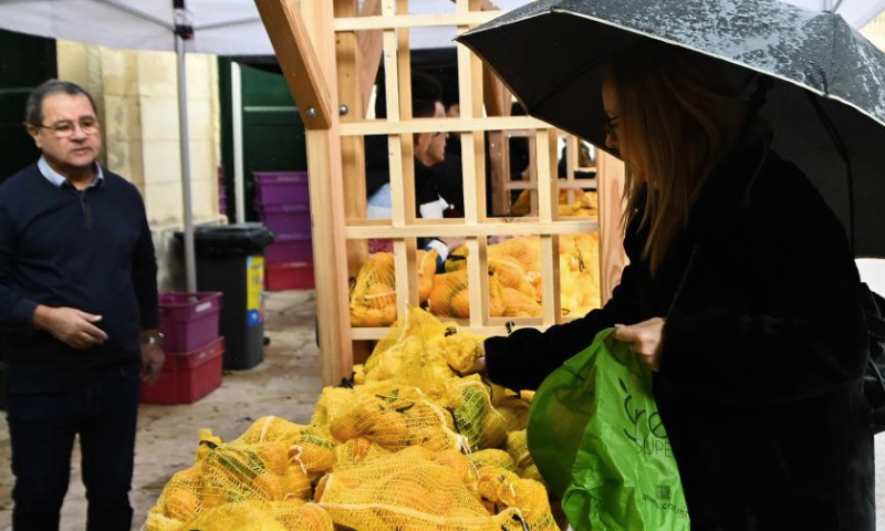 A woman buys oranges at the San Anton Palace in Attard, Malta, on Jan. 12, 2025. The annual citrus festival was held on Sunday at the San Anton Palace in Attard, Malta. (Photo by Jonathan Borg/Xinhua)