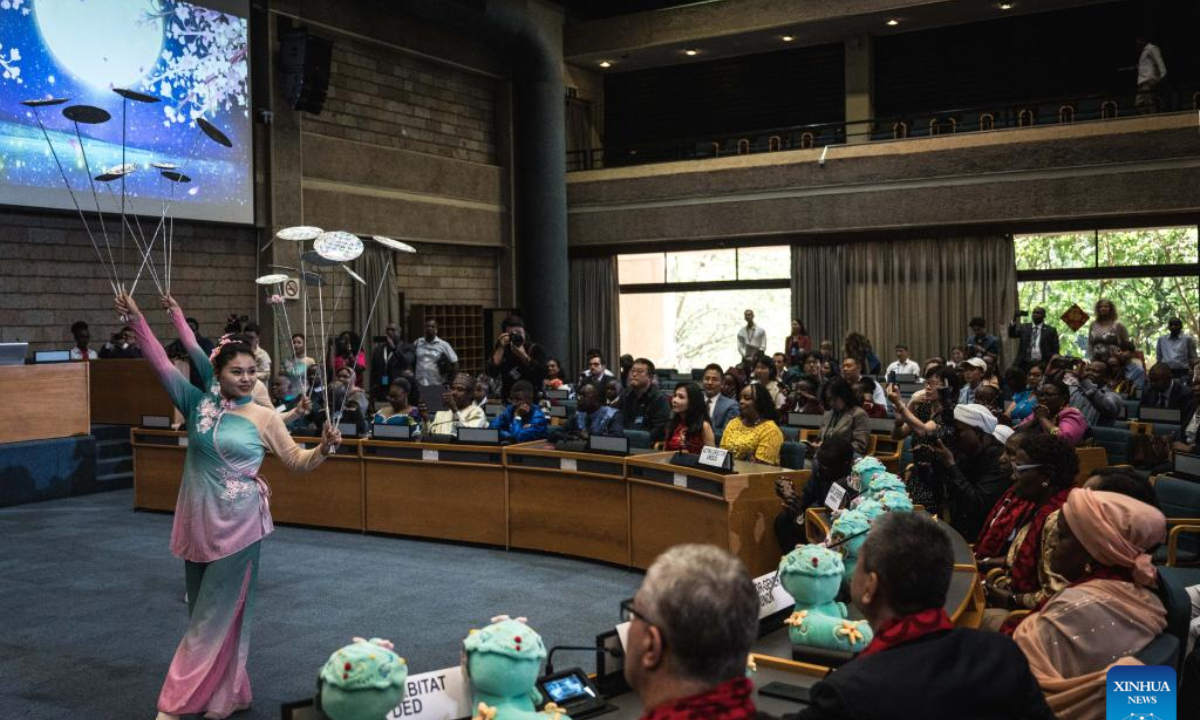 Acrobats perform during a Chinese cultural event at the United Nations Office at Nairobi (UNON) premises in Nairobi, Kenya, Jan. 22, 2025. (Xinhua/Wang Guansen)
