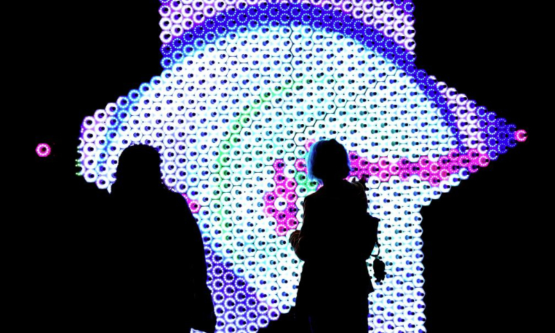 People view an art installation named Quantum Jungle at Young V&A in London, Britain, Jan. 14, 2025. Quantum Jungle, an interactive light installation, features a mass of touch-sensitive tactile springs and LEDs. (Xinhua/Li Ying)
