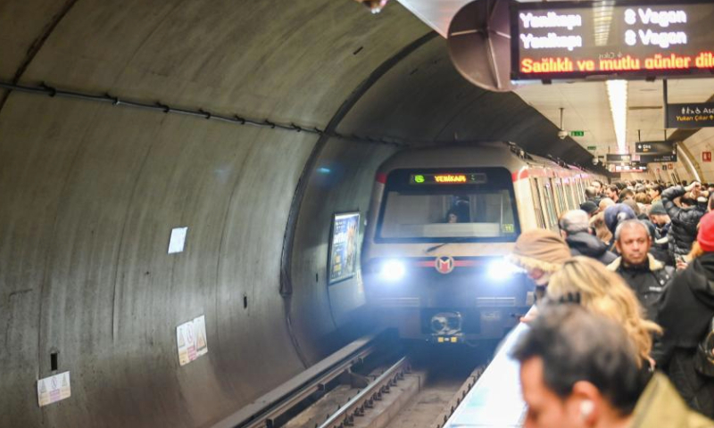 Passengers wait for the metro at a metro station in Istanbul, Türkiye, Jan. 15, 2025. Authorities in Istanbul, Türkiye's largest city, will hike public transport and taxi fares by 35 percent, state-run Anadolu news agency said on Wednesday. (Xinhua/Liu Lei)