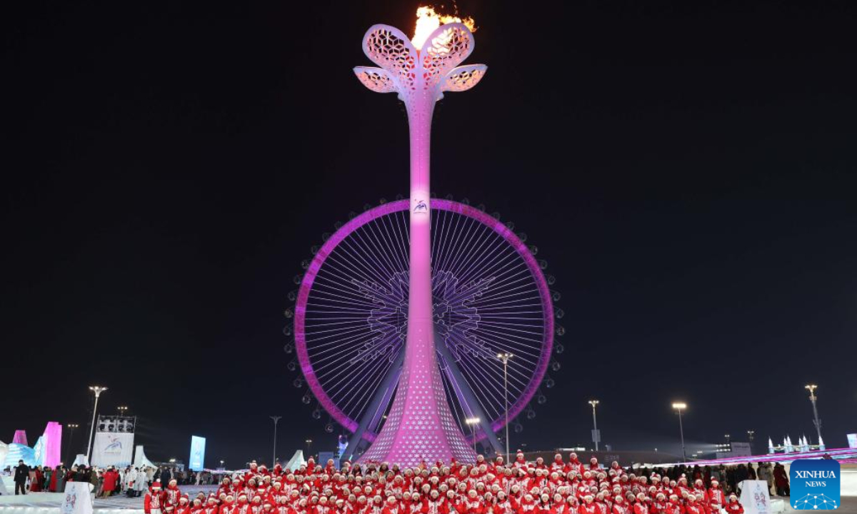 The lit cauldron of the 9th Asian Winter Games is pictured at the Harbin Ice and Snow World Park during the opening ceremony of the 9th Asian Winter Games in Harbin, northeast China's Heilongjiang Province, Feb 7, 2025. Photo:Xinhua
