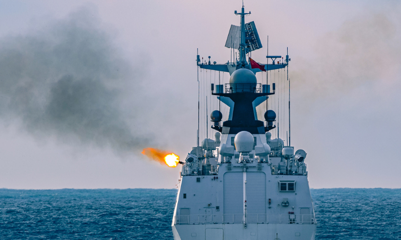 A Type 052D guided-missile destroyer attached to a flotilla under the Chinese PLA Navy fires its close-in weapon system at aerial targets during maritime training on November 11, 2024. (eng.chinamil.com.cn/Photo by Wei Chenping)