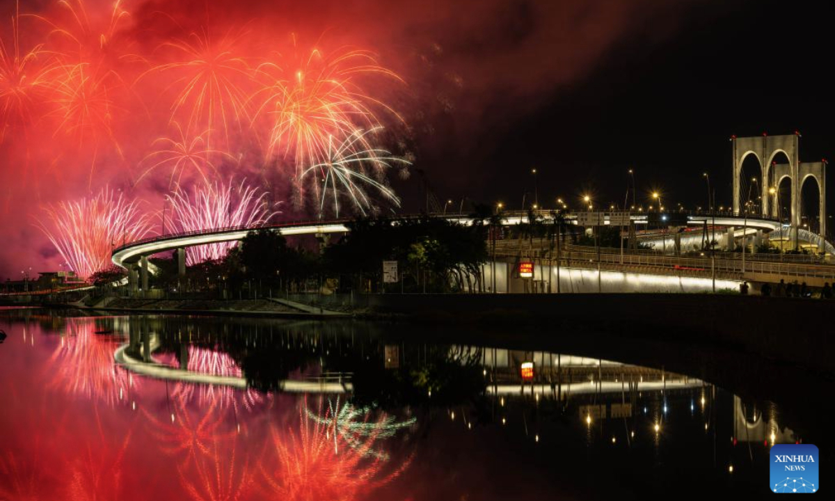 Fireworks in celebration of the Spring Festival illuminate the sky in Macao, south China, Feb. 4, 2025. (Xinhua/Cheong Kam Ka)