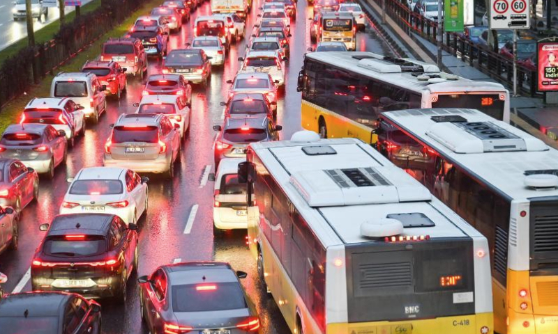 Three buses drive on a congested road in Istanbul, Türkiye, Jan. 15, 2025. Authorities in Istanbul, Türkiye's largest city, will hike public transport and taxi fares by 35 percent, state-run Anadolu news agency said on Wednesday. (Xinhua/Liu Lei)