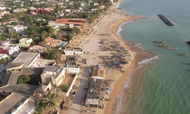 An aerial drone photo taken on Jan. 12, 2025 shows a view of Saly seaside resort area, about 80 kilometers south of Dakar, Senegal. Saly is a popular seaside resort area in Senegal which is known for its golden sandy beaches, warm climate, and a variety of water activities. (Xinhua/Si Yuan)