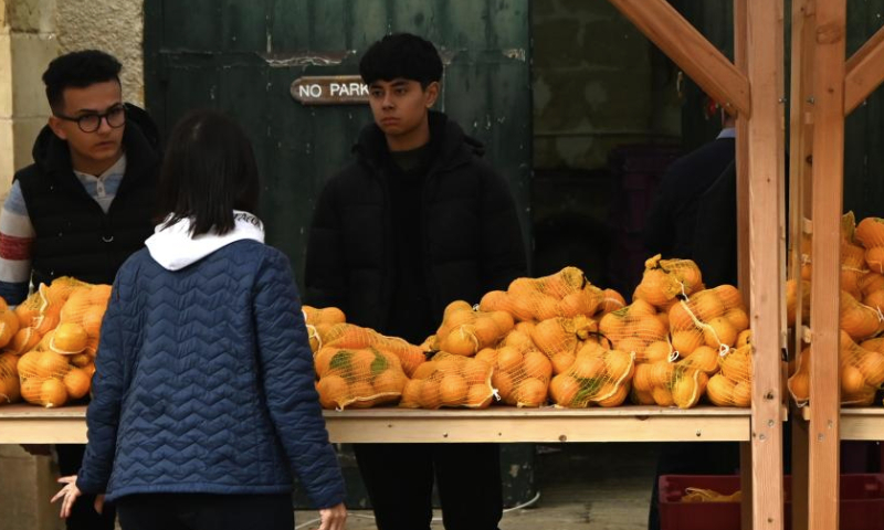A woman buys oranges at the San Anton Palace in Attard, Malta, on Jan. 12, 2025. The annual citrus festival was held on Sunday at the San Anton Palace in Attard, Malta. (Photo by Jonathan Borg/Xinhua)