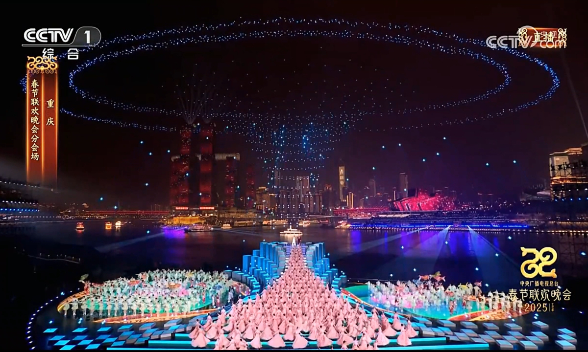 Screenshot of DAMODA Intelligent Control Technology Co's drone performance at the Chongqing sub-venue of the 2025 Spring Festival Gala on January 28, 2025 Photo: Courtesy of DAMODA Intelligent Control Technology Co