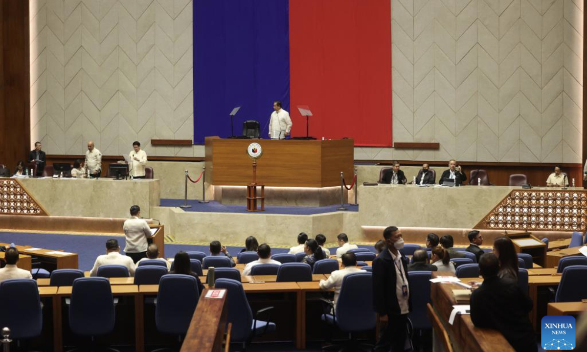 Lawmakers convene during the impeachment proceedings against Vice President Sara Duterte at the House of Representatives in Quezon City, the Philippines, on Feb. 5, 2025. Philippine Vice President Sara Duterte will face trial in the Senate after she was impeached by the House of Representatives on Wednesday. House Secretary General Reginald Velasco was ordered to transmit the impeachment complaint to the Senate after the House secured 215 signatures, more than the required one-third of the House membership to impeach Duterte, advancing the process to the Senate for trial. (Xinhua)