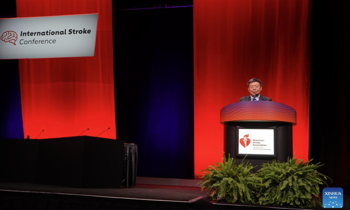 Chinese clinical scientist Wang Yongjun delivers a keynote speech at the 2025 International Stroke Conference (ISC) held in Los Angeles, the United States, Feb. 5, 2025. Wang has been granted the William M. Feinberg Award for Excellence in Clinical Stroke at the 2025 International Stroke Conference (ISC) held in Los Angeles on Wednesday. Wang, president of the Beijing Tiantan Hospital of the Capital Medical University, and president of the Chinese Stroke Association, is the first Asian scientist to receive this award, in recognition of his significant contributions to the investigation and management of clinical research in stroke. (Photo by Zeng Hui/Xinhua)
