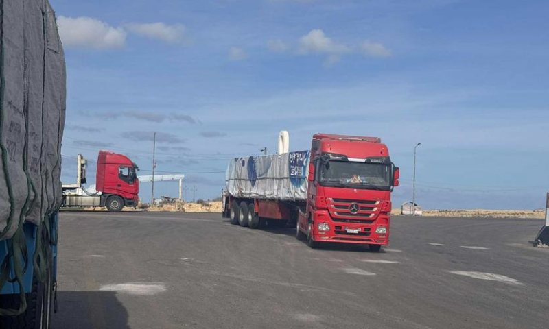 This photo taken on Jan. 19, 2025 shows an aid truck running at the Egyptian side of the Rafah border crossing. (Xinhua/Ahmed Gomaa)